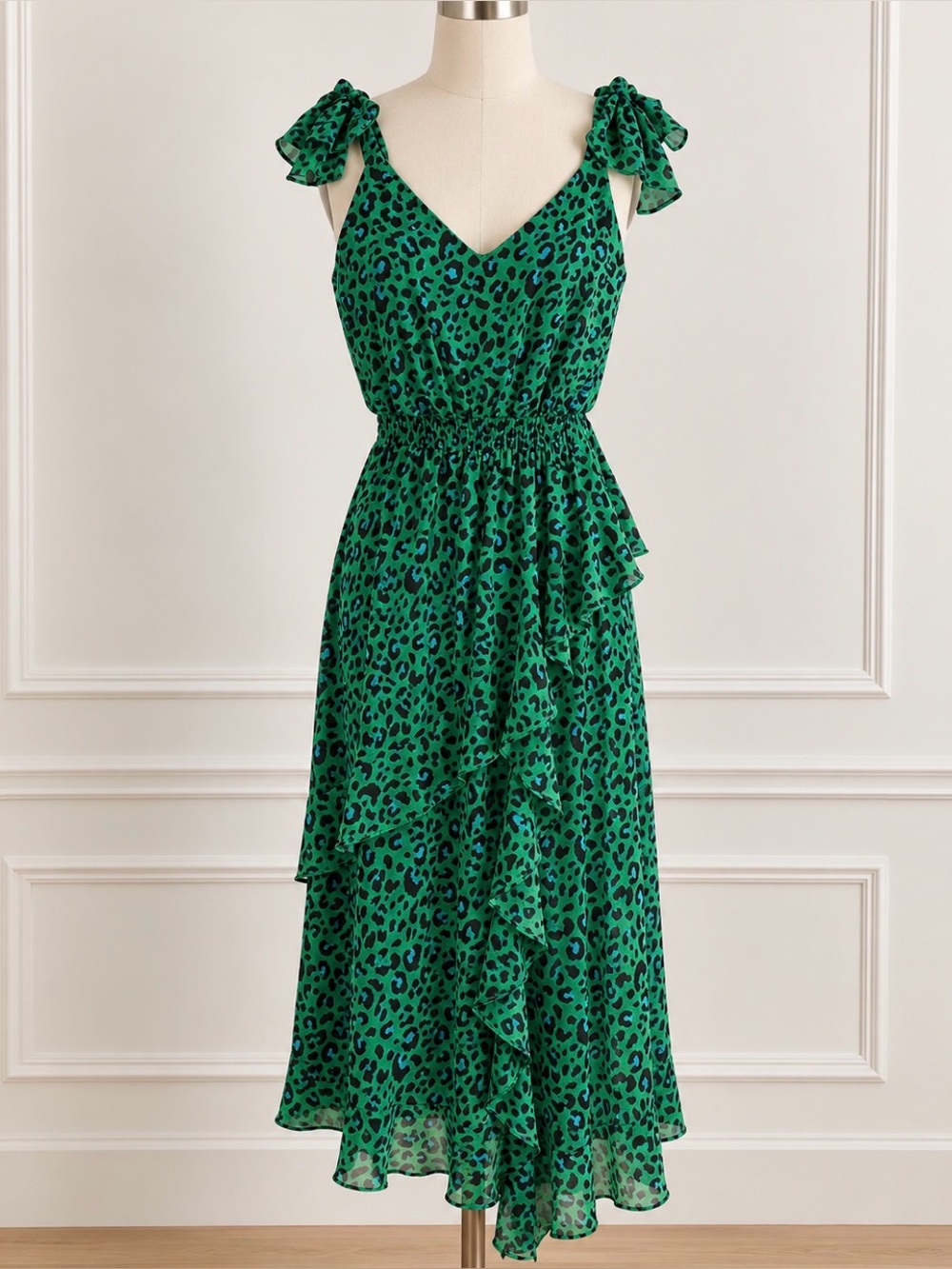 Green Leopard Print Tie-Shoulder Midi Dress Like New Worn once